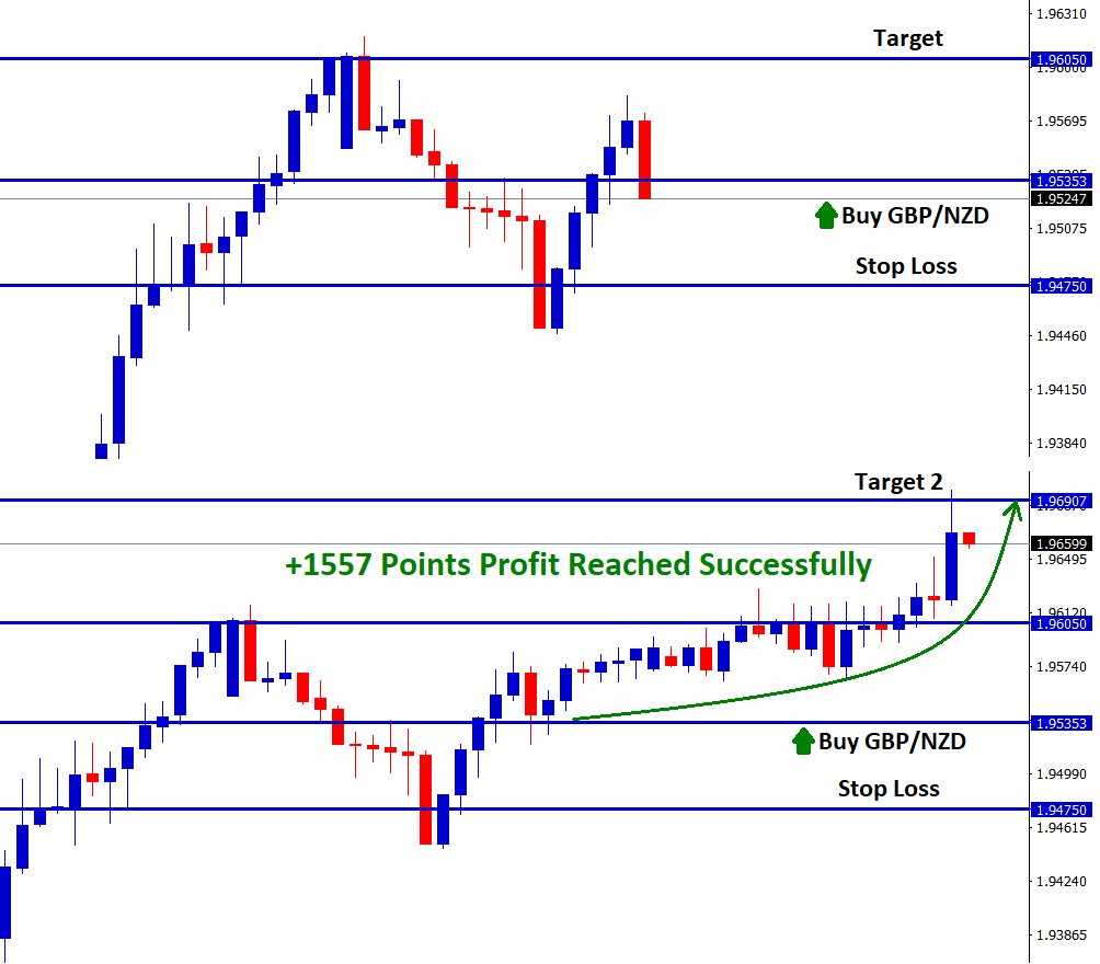 GBP/NZD touched target 2 level 1.96907 with 1557 points profit in buy signal