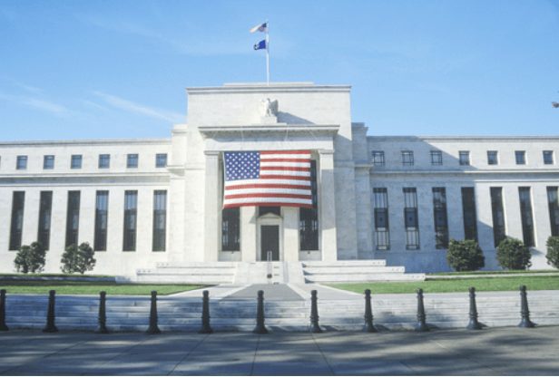 Federal reserve FED building with US flag