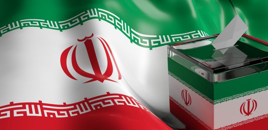 Elections in Iran. Ballot voting box on Iran flag background