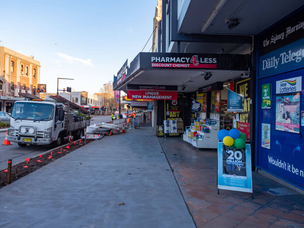 Australia Sydney NSW Pharmacy for Less Shop Front and Foot path in Five Dock