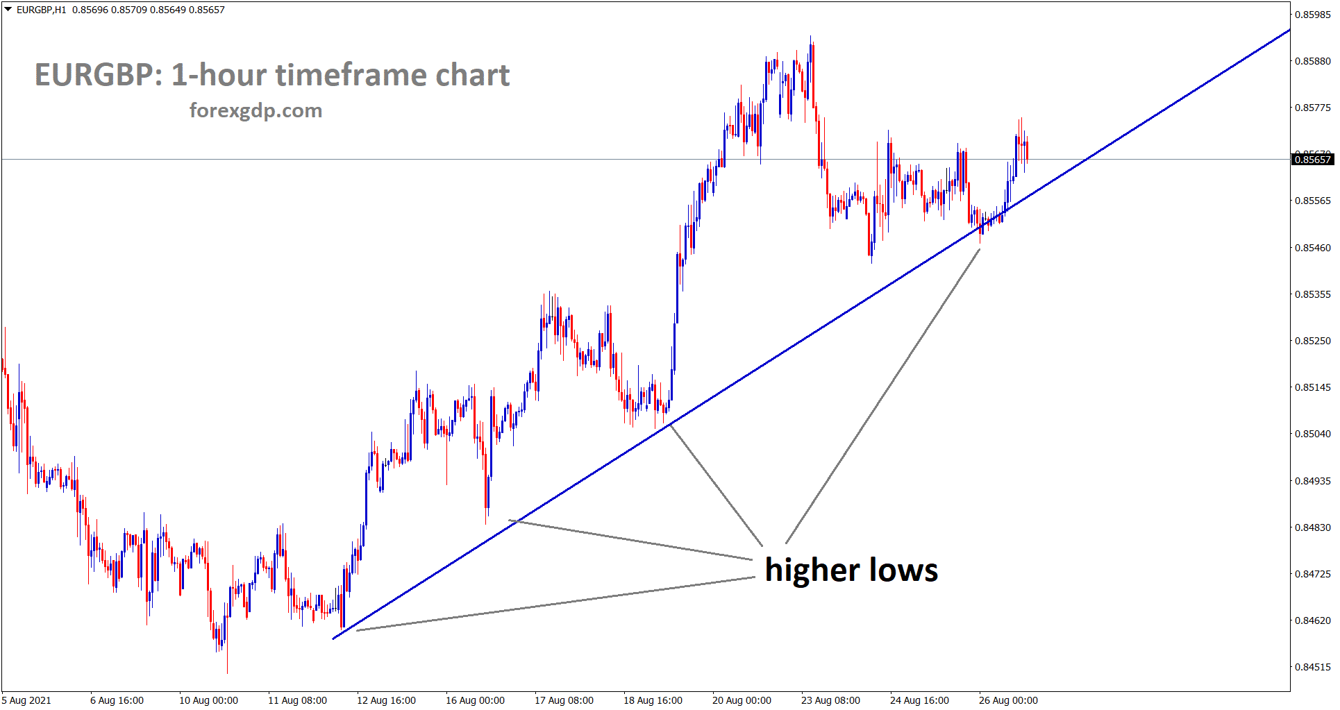 EURGBP is moving in an uptrend forming higher lows continuously