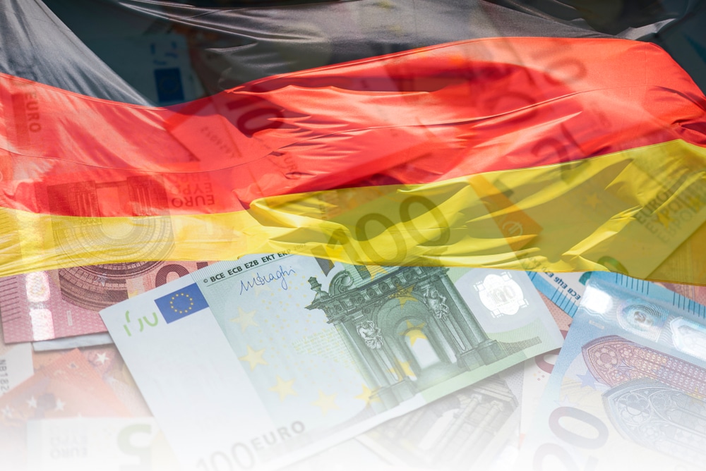 German Flag and EU Euro banknotes Flag of Germany and Euro Money