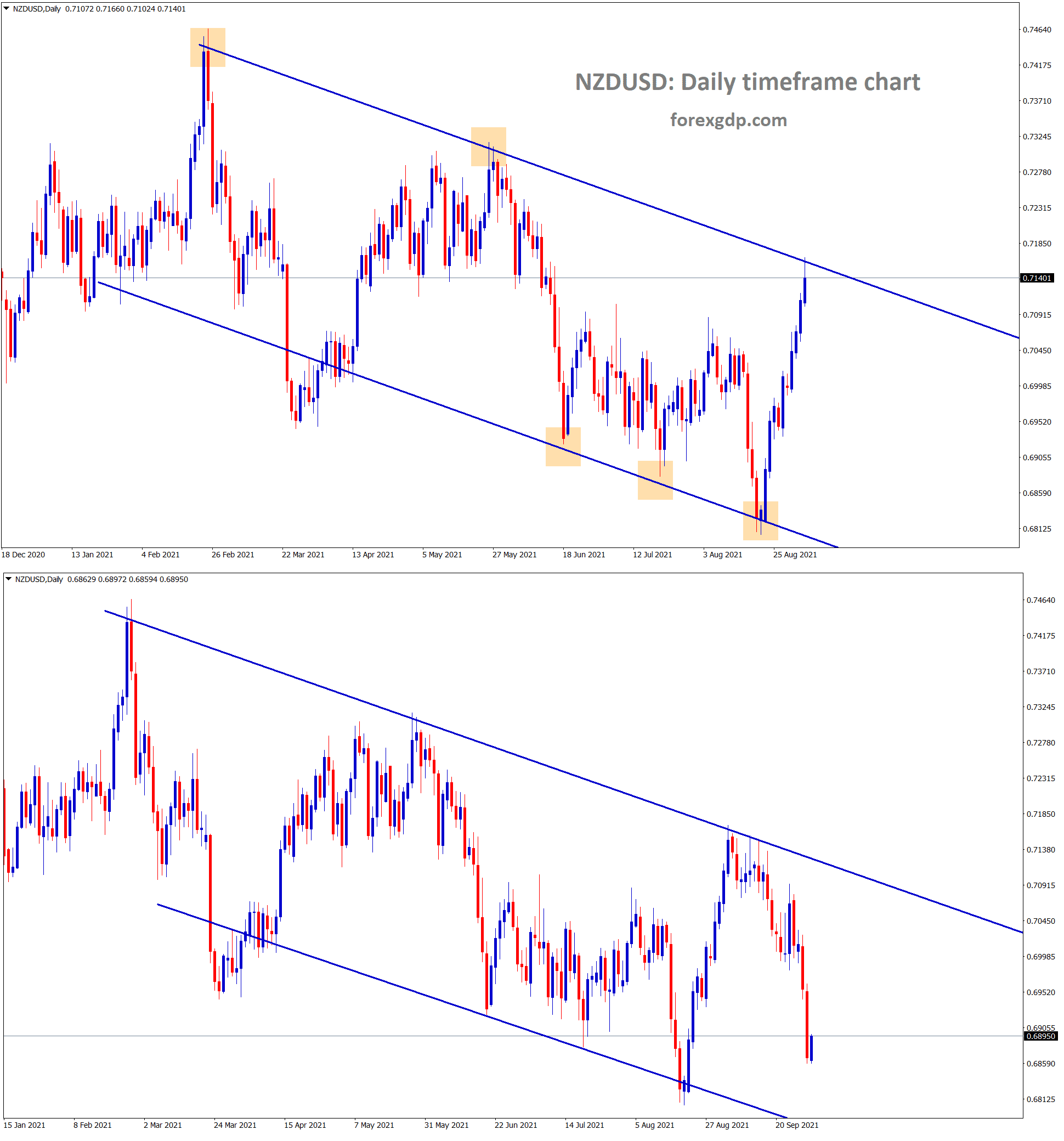 NZDUSD fell down more in this week from the lower high area of the descending channel